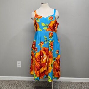 New York Co Midi Dress Sundress Plus Size 2X Blue Orange Floral Rose Fit & Flare